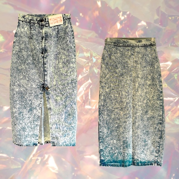VINTAGE ♦️ BONGO Acid Wash Denim Midi Skirt - Picture 1 of 5